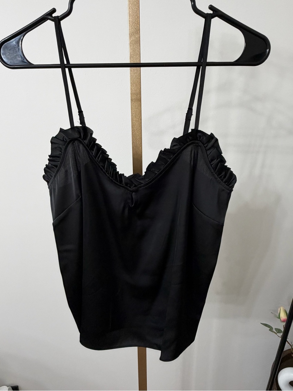 Parker Black Satin Ruffle-Trim Camisole